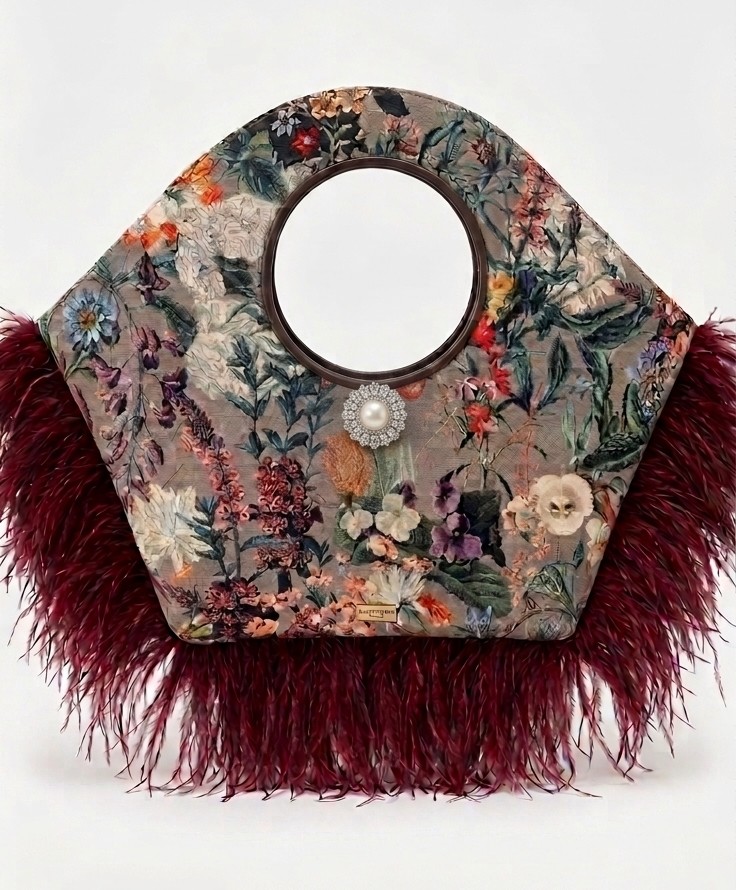 [FORGET ME NOT] Autumn Floral Velvet & Dark Red Ostrich Feather bag